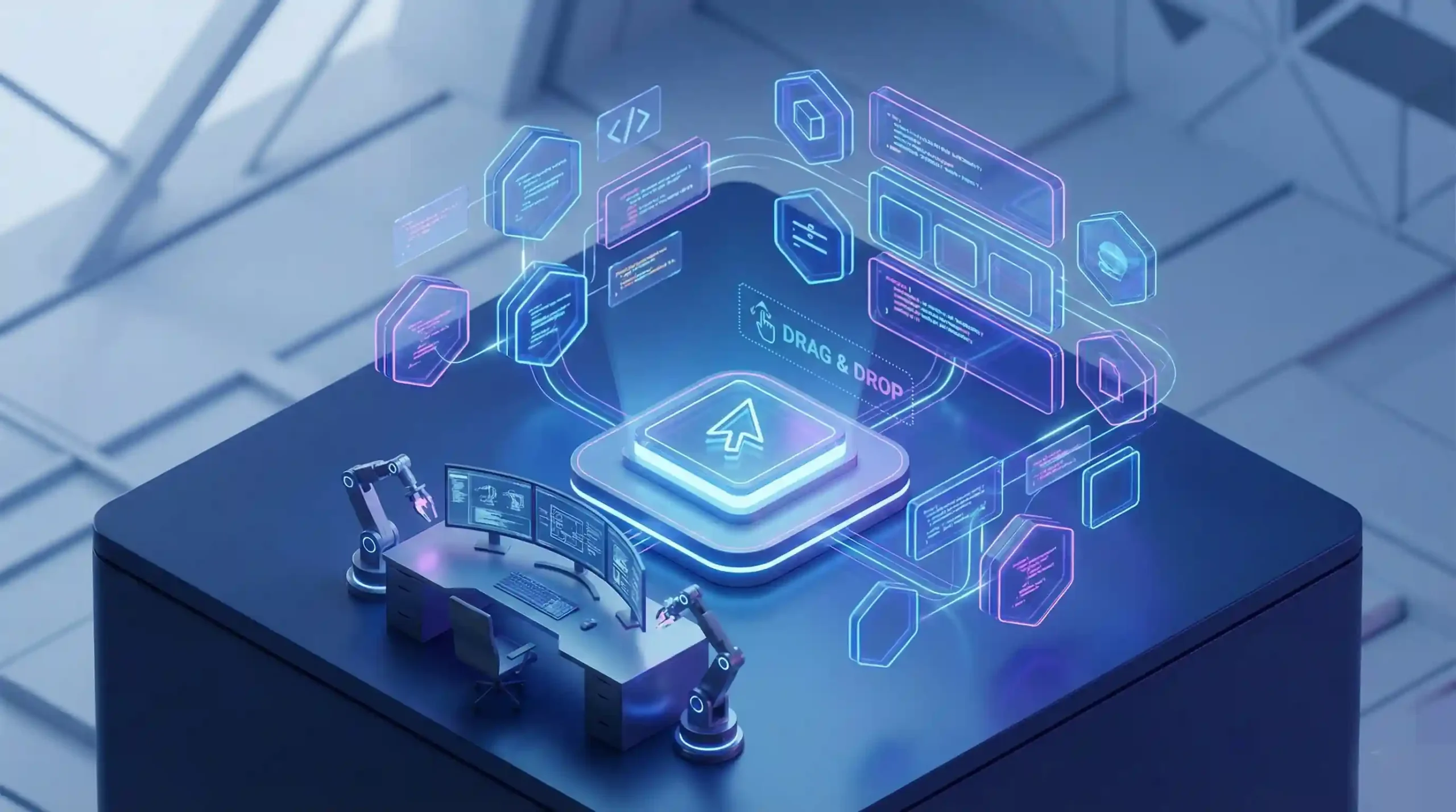 أشكال مكعبات رقمية مجردة ولامعة ترمز لعملية بناء التطبيقات والمواقع بسهولة باستخدام تقنيات البرمجة بدون كود.